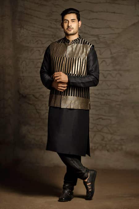 PS Men by Payal Singhal Black Brocade Woven Striped Bundi And Kurta Set 