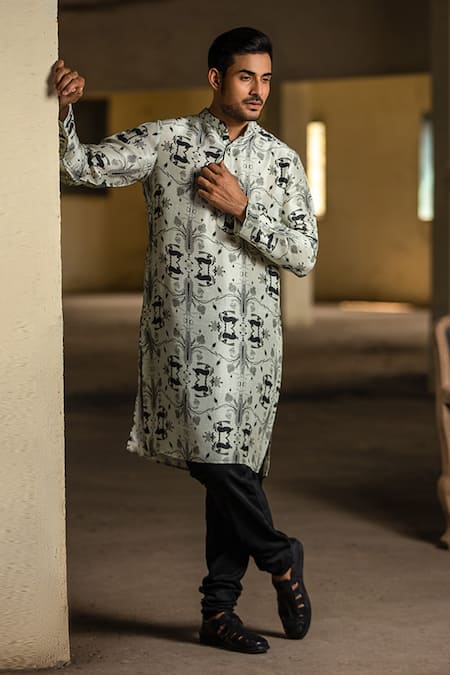 PS Men by Payal Singhal Silk Khargosh Print Kurta Set 