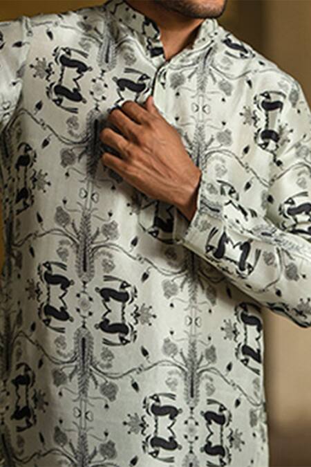 Buy_PS Men By Payal Singhal_Grey , Cotton Ogee Khargosh Print Kurta Set_Online_at_Aza_Fashions