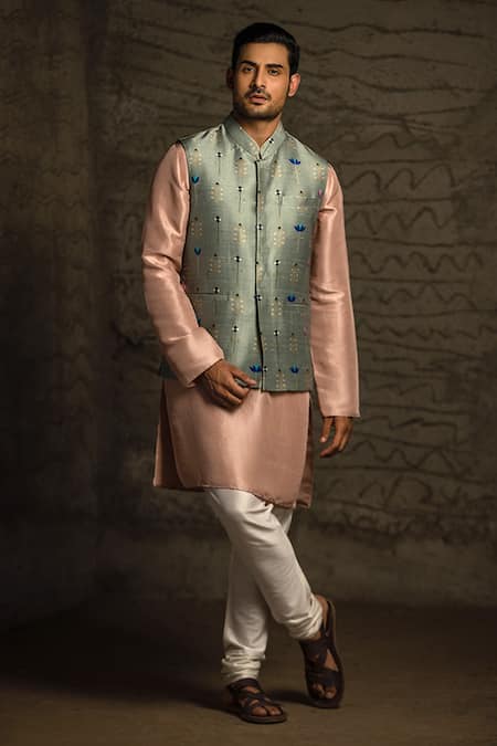 PS Men by Payal Singhal Geometric Lotus Print Bundi & Kurta Set 