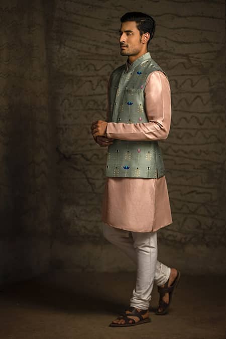 PS Men By Payal Singhal Blue , Dupion , Cotton Lotus Geometric Print Bundi And Kurta Set Online at Aza Fashions PS Men By Payal Singhal_Blue , Dupion , Cotton Lotus Geometric Print Bundi And Kurta Set _Online_at_Aza_Fashions
