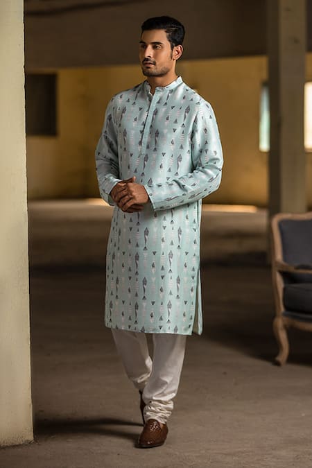 PS Men by Payal Singhal Silk Fish Print Kurta Set 