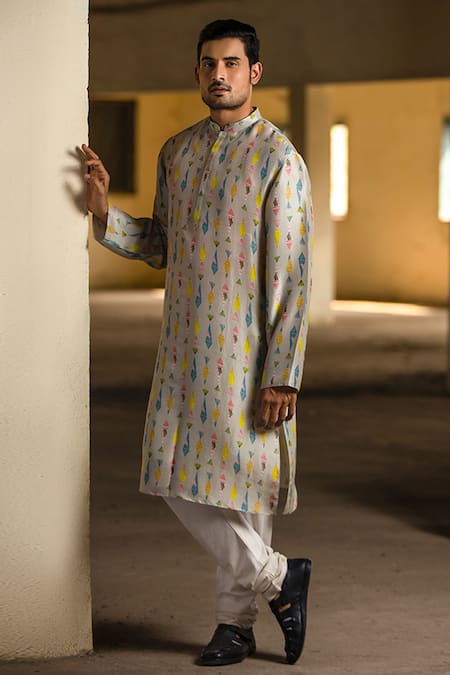 PS Men by Payal Singhal Silk Fish Print Kurta Set 