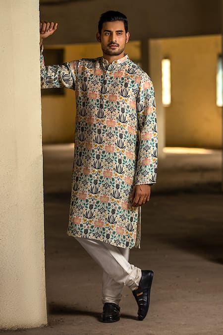 PS Men by Payal Singhal Beige Silk Printed Tulip Garden Kurta Set 