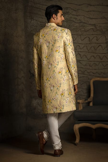 Shop_PS Men By Payal Singhal_Yellow Dupion Silk Printed Garden Sherwani Set _at_Aza_Fashions