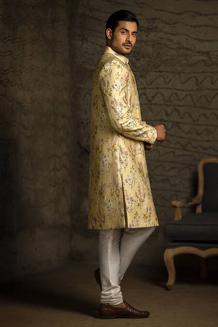 PS Men By Payal Singhal_Yellow Dupion Silk Printed Garden Sherwani Set _Online_at_Aza_Fashions