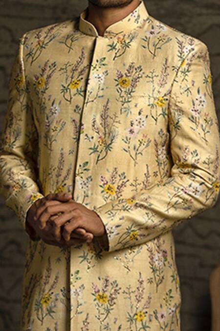 Buy_PS Men By Payal Singhal_Yellow Dupion Silk Printed Garden Sherwani Set _Online_at_Aza_Fashions