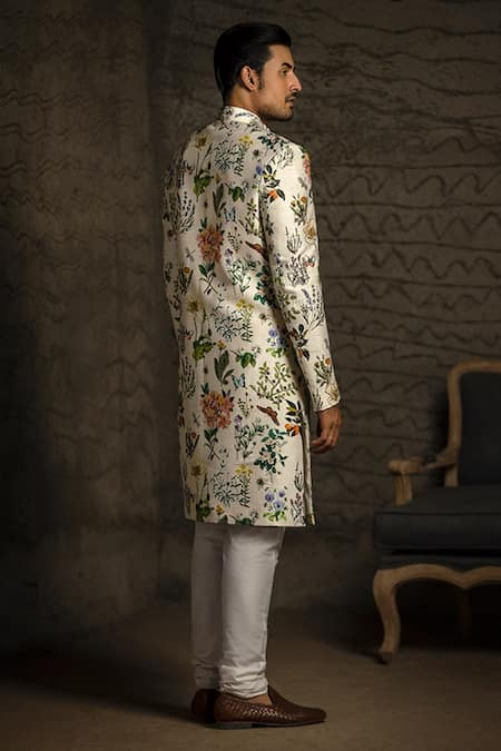 PS Men By Payal Singhal Dupion Silk Titli Print Sherwani Set 