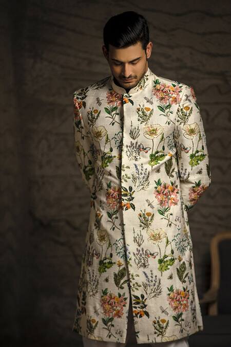 PS Men By Payal Singhal White Dupion , Cotton Floral, Titli Print Sherwani Set Online at Aza Fashions PS Men By Payal Singhal_White Dupion , Cotton Floral, Titli Print Sherwani Set _Online_at_Aza_Fashions