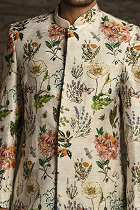 Buy PS Men By Payal Singhal White Dupion , Cotton Floral, Titli Print Sherwani Set Online at Aza Fashions Buy_PS Men By Payal Singhal_White Dupion , Cotton Floral, Titli Print Sherwani Set _Online_at_Aza_Fashions