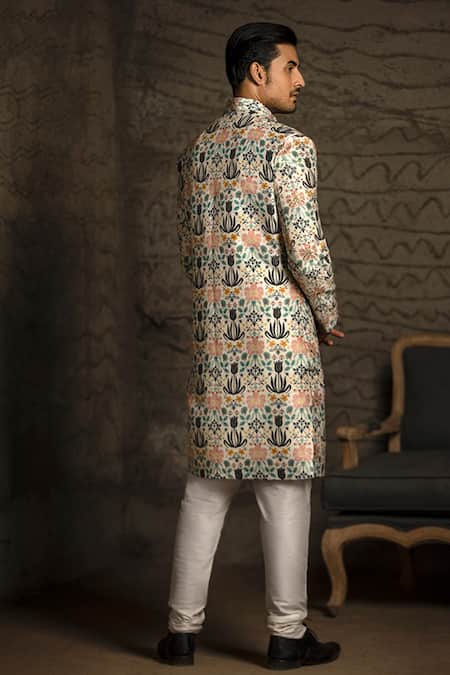 PS Men By Payal Singhal Dupion Silk Tulip Garden Print Sherwani Set 