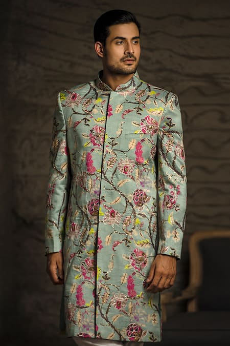 PS Men By Payal Singhal Blue Dupion , Cotton Tulip Garden Print Chintz Sherwani Set Online at Aza Fashions PS Men By Payal Singhal_Blue Dupion , Cotton Tulip Garden Print Chintz Sherwani Set _Online_at_Aza_Fashions