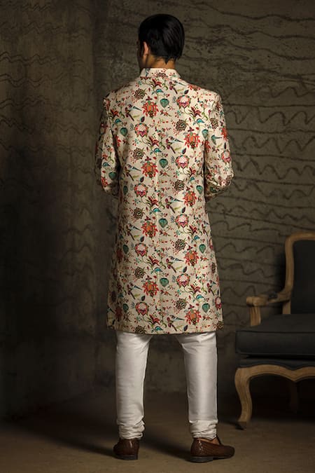 PS Men By Payal Singhal Dupion Silk Chidiya Print Sherwani Set 