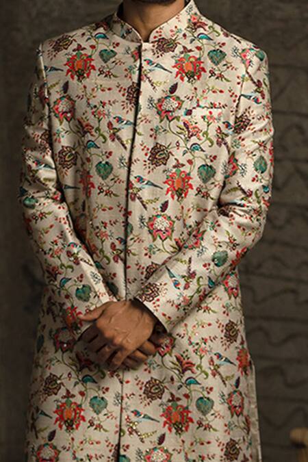 Buy PS Men By Payal Singhal Beige Dupion , Cotton Chidiya Print Sherwani Set Online at Aza Fashions Buy_PS Men By Payal Singhal_Beige Dupion , Cotton Chidiya Print Sherwani Set _Online_at_Aza_Fashions