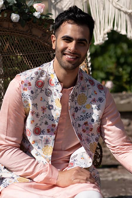 Shop PS Men By Payal Singhal Beige , Dupion , Cotton Meadow Print Bundi And Kurta Set at Aza Fashions Shop_PS Men By Payal Singhal_Beige , Dupion , Cotton Meadow Print Bundi And Kurta Set _at_Aza_Fashions