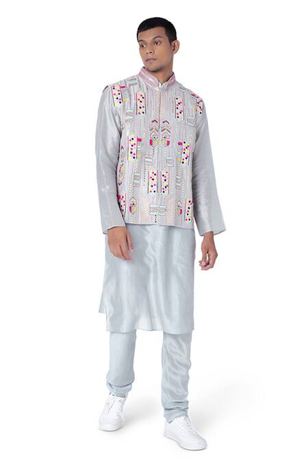 PS Men By Payal Singhal_Blue Dupion Silk Embroidered Geometric Bundi And Kurta Set _Online_at_Aza_Fashions