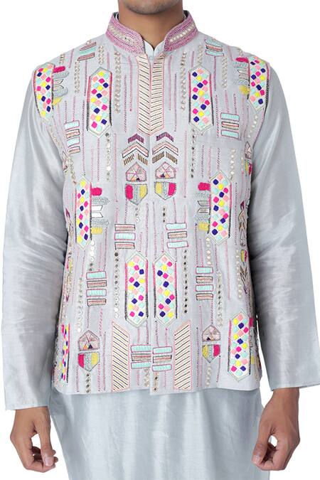 Buy_PS Men By Payal Singhal_Blue Dupion Silk Embroidered Geometric Bundi And Kurta Set _Online_at_Aza_Fashions