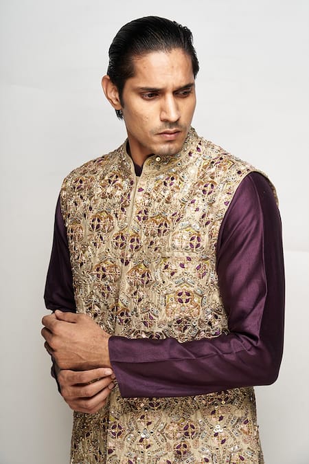 PS Men By Payal Singhal_Green Dupion Silk Embroidered Geometric Bundi And Kurta Set _Online_at_Aza_Fashions