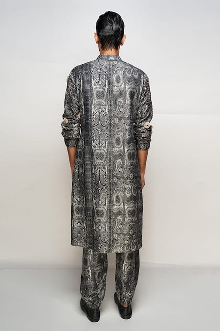 PS Men By Payal Singhal Black Dupion Silk Printed Paisley Kurta Set Online at Aza Fashions PS Men By Payal Singhal_Black Dupion Silk Printed Paisley Kurta Set _Online_at_Aza_Fashions