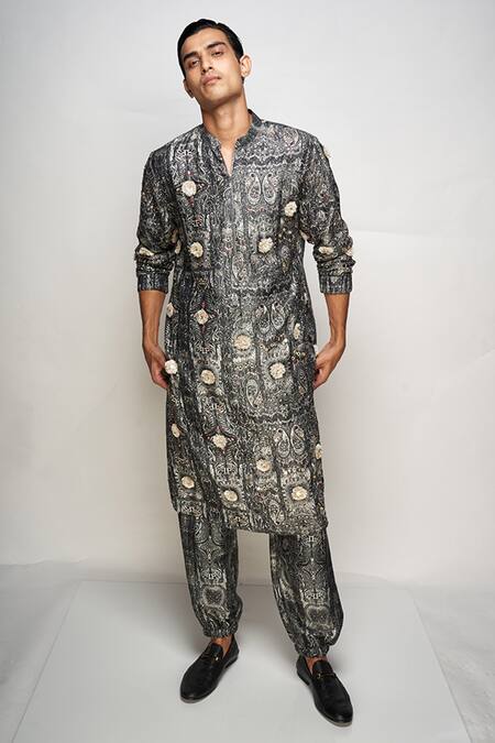 Buy PS Men By Payal Singhal Black Dupion Silk Printed Paisley Kurta Set Online at Aza Fashions Buy_PS Men By Payal Singhal_Black Dupion Silk Printed Paisley Kurta Set _Online_at_Aza_Fashions
