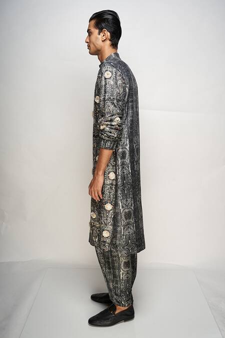 Shop PS Men By Payal Singhal Black Dupion Silk Printed Paisley Kurta Set Online at Aza Fashions Shop_PS Men By Payal Singhal_Black Dupion Silk Printed Paisley Kurta Set _Online_at_Aza_Fashions