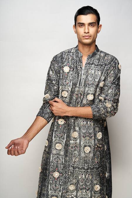 PS Men By Payal Singhal Black Dupion Silk Printed Paisley Kurta Set at Aza Fashions PS Men By Payal Singhal_Black Dupion Silk Printed Paisley Kurta Set _at_Aza_Fashions