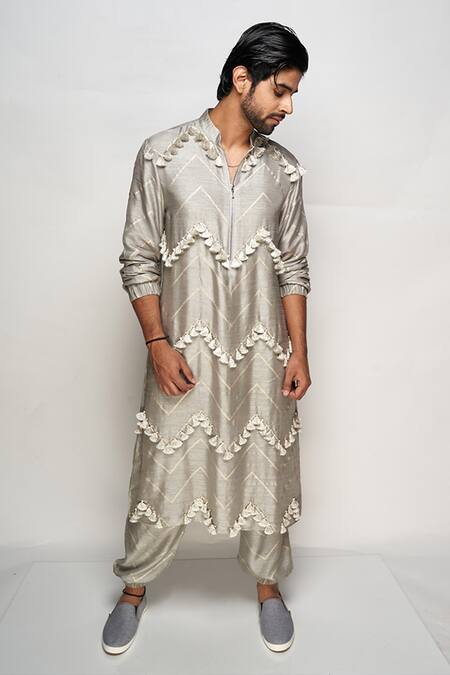 Shop PS Men By Payal Singhal Grey Banarasi Silk Zig Zag Bomber Kurta Set at Aza Fashions Shop_PS Men By Payal Singhal_Grey Banarasi Silk Zig Zag Bomber Kurta Set_at_Aza_Fashions