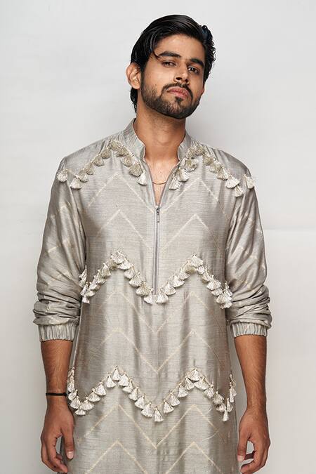 PS Men By Payal Singhal Grey Banarasi Silk Zig Zag Bomber Kurta Set Online at Aza Fashions PS Men By Payal Singhal_Grey Banarasi Silk Zig Zag Bomber Kurta Set_Online_at_Aza_Fashions