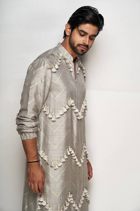 Buy PS Men By Payal Singhal Grey Banarasi Silk Zig Zag Bomber Kurta Set Online at Aza Fashions Buy_PS Men By Payal Singhal_Grey Banarasi Silk Zig Zag Bomber Kurta Set_Online_at_Aza_Fashions
