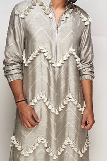 Shop PS Men By Payal Singhal Grey Banarasi Silk Zig Zag Bomber Kurta Set Online at Aza Fashions Shop_PS Men By Payal Singhal_Grey Banarasi Silk Zig Zag Bomber Kurta Set_Online_at_Aza_Fashions