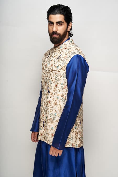 PS Men By Payal Singhal_Beige Georgette Embroidered Floral Bundi And Silk Mul Kurta Set _Online_at_Aza_Fashions