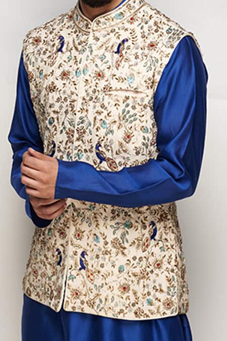 Buy_PS Men By Payal Singhal_Beige Georgette Embroidered Floral Bundi And Silk Mul Kurta Set _Online_at_Aza_Fashions