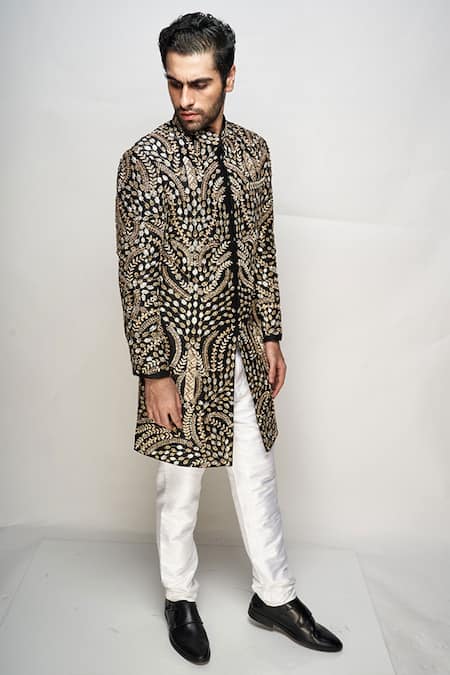 Shop PS Men By Payal Singhal Black Dupion Silk Floral Embroidered Sherwani Set at Aza Fashions Shop_PS Men By Payal Singhal_Black Dupion Silk Floral Embroidered Sherwani Set _at_Aza_Fashions