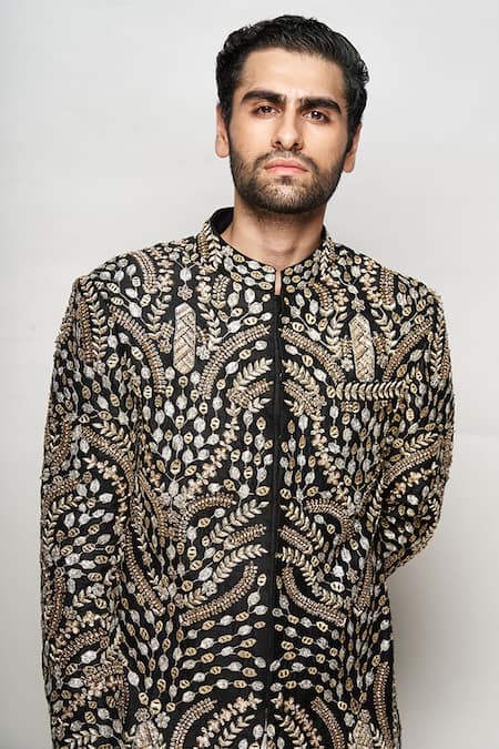 PS Men By Payal Singhal Black Dupion Silk Floral Embroidered Sherwani Set Online at Aza Fashions PS Men By Payal Singhal_Black Dupion Silk Floral Embroidered Sherwani Set _Online_at_Aza_Fashions