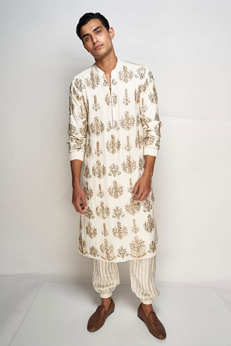 PS Men by Payal Singhal White Georgette Embroidered Floral Kurta Set 