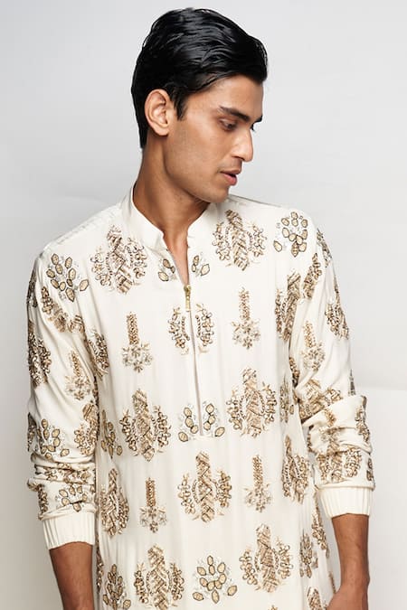 Buy_PS Men By Payal Singhal_White Georgette Embroidered Floral Kurta Set _Online_at_Aza_Fashions