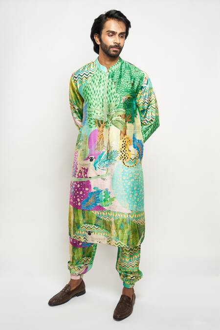 PS Men By Payal Singhal Green Dupion Silk Forest Printed Kurta And Jogger Pant Set Online at Aza Fashions PS Men By Payal Singhal_Green Dupion Silk Forest Printed Kurta And Jogger Pant Set _Online_at_Aza_Fashions