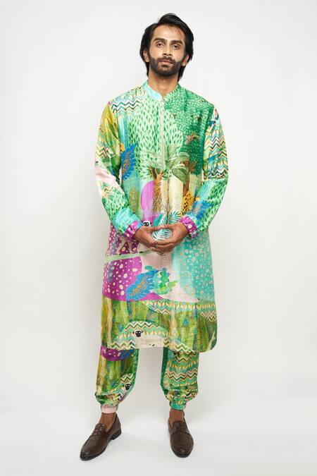 Shop PS Men By Payal Singhal Green Dupion Silk Forest Printed Kurta And Jogger Pant Set Online at Aza Fashions Shop_PS Men By Payal Singhal_Green Dupion Silk Forest Printed Kurta And Jogger Pant Set _Online_at_Aza_Fashions