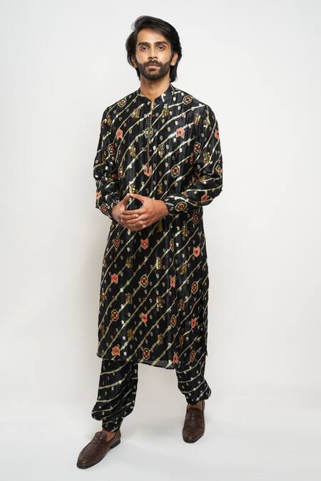PS Men By Payal Singhal_Black Silk Leheriya And Bandhani Kurta & Jogger Pant Set_Online_at_Aza_Fashions