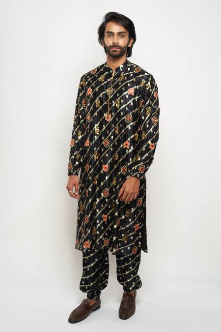 Buy_PS Men By Payal Singhal_Black Silk Leheriya And Bandhani Kurta & Jogger Pant Set_Online_at_Aza_Fashions