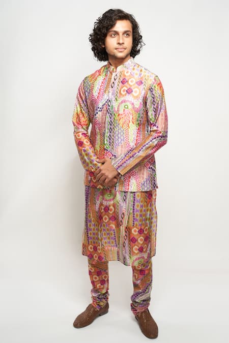 PS Men By Payal Singhal_Multi Color Dupion Silk, Silkmul African Motifs Print Bundi And Kurta Set _Online_at_Aza_Fashions