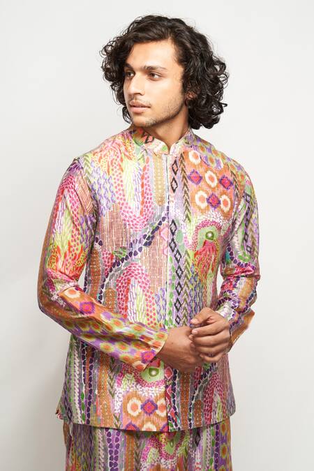Buy_PS Men By Payal Singhal_Multi Color Dupion Silk, Silkmul African Motifs Print Bundi And Kurta Set _Online_at_Aza_Fashions