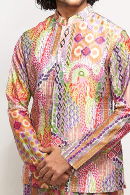 Shop_PS Men By Payal Singhal_Multi Color Dupion Silk, Silkmul African Motifs Print Bundi And Kurta Set _Online_at_Aza_Fashions