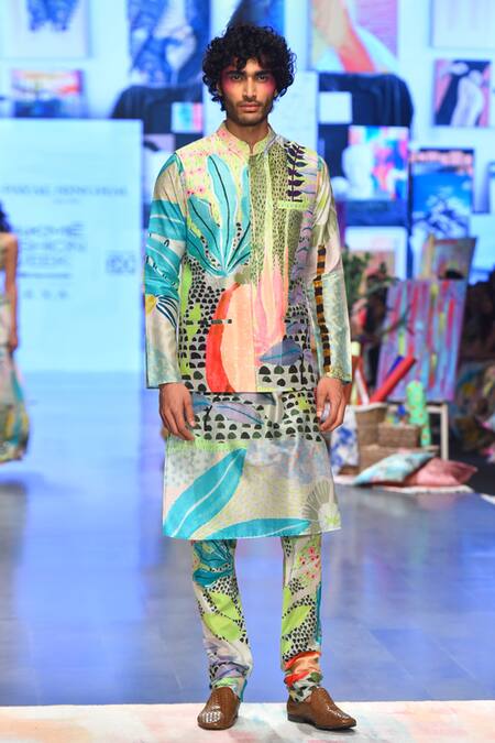 PS Men By Payal Singhal_Green Dupion , Mul Tropical Monet Printed Bundi And Kurta Set_Online_at_Aza_Fashions