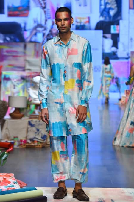 Shop_PS Men By Payal Singhal_Blue Dupion Silk Painterly Gustav Printed Kurta Set _Online_at_Aza_Fashions