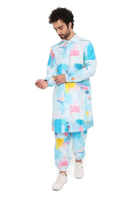 Buy_PS Men By Payal Singhal_Blue Dupion Silk Painterly Gustav Printed Kurta Set _Online_at_Aza_Fashions