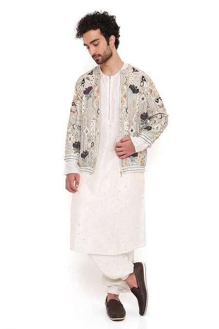 PS Men By Payal Singhal_Off White Georgette Embroidery Lotus Raj Jacket And Kurta Set _at_Aza_Fashions