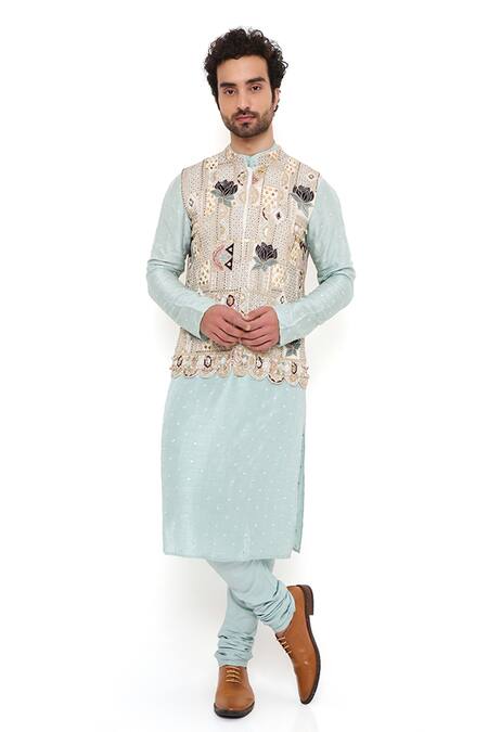 Buy_PS Men By Payal Singhal_Off White Georgette Embroidery Lotus Kiaan Bundi And Kurta Set _Online_at_Aza_Fashions