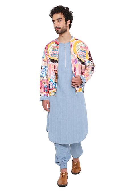 PS Men By Payal Singhal_Peach Dupion Silk, Denim Trance Lupin Printed Jacket And Kurta Set_Online_at_Aza_Fashions