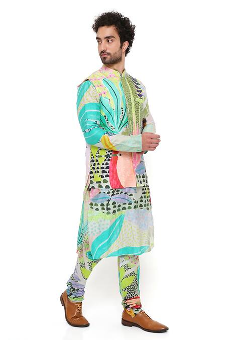 Buy_PS Men By Payal Singhal_Green Dupion , Mul Tropical Monet Printed Bundi And Kurta Set_Online_at_Aza_Fashions